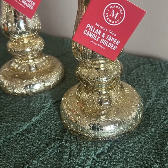 Martha Stewart Mercury Glass Pillar Candle Holder Gold Tone Set of 2 NEW - Picture 6 of 7